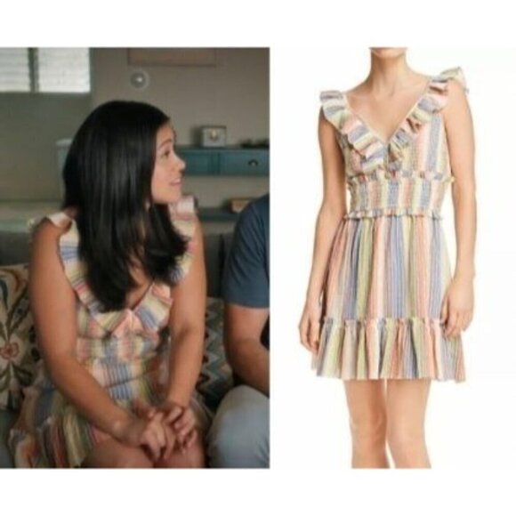 Saylor Dress Women XL Multicolor Striped V Neck Smocked Ruffle Trim Alma Mini - Picture 3 of 12